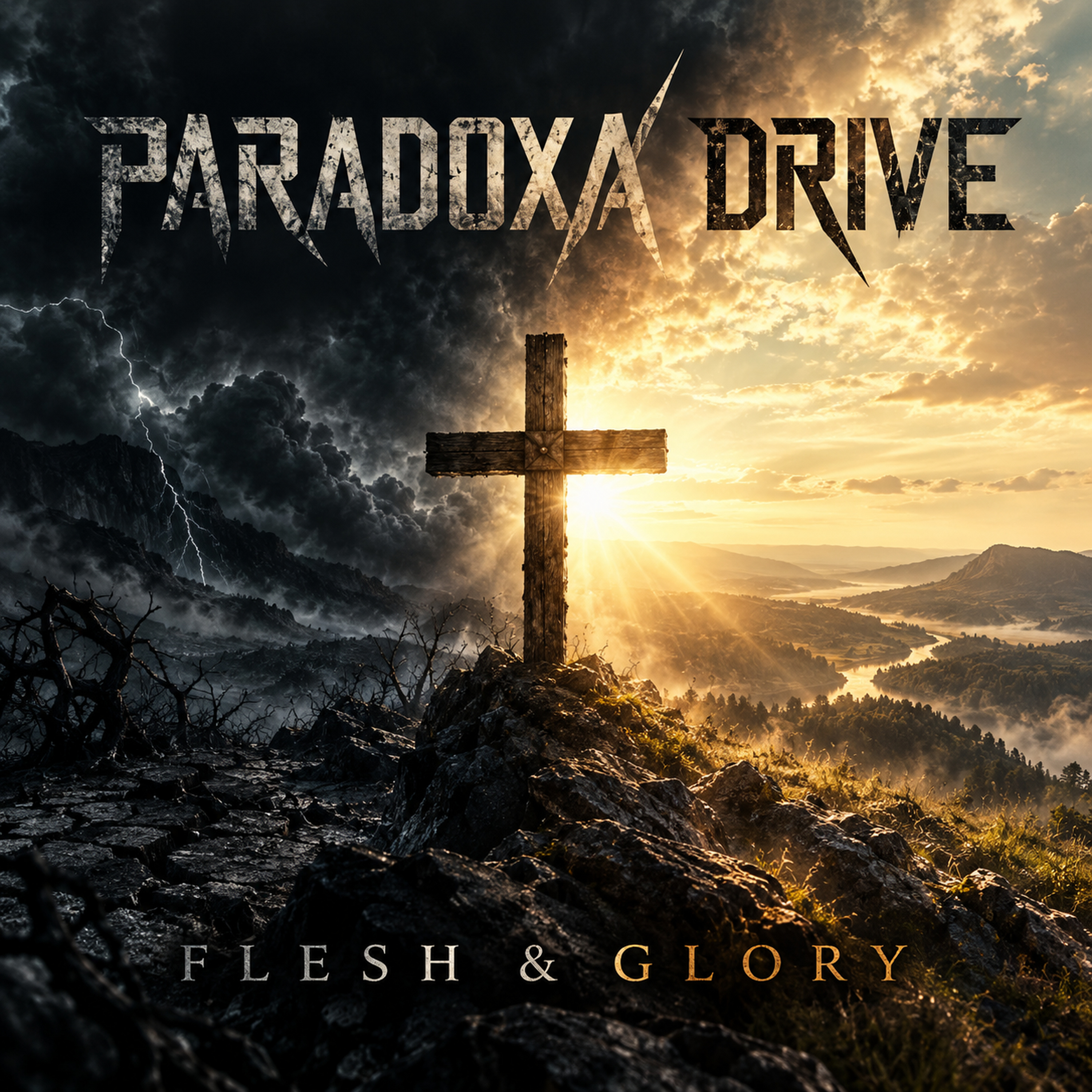 Flesh & Glory album artwork: a cross between a storm-dark landscape and golden light