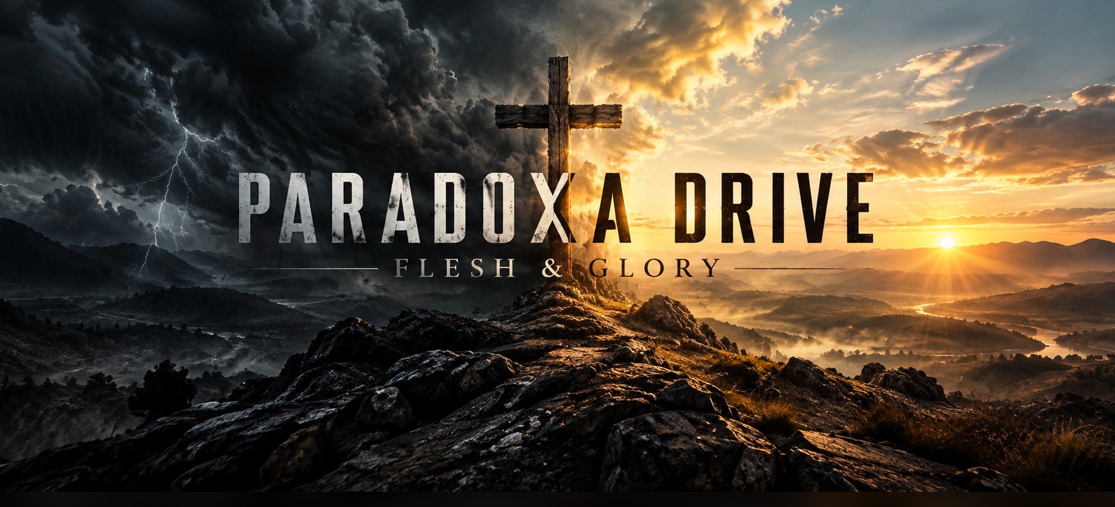 Paradoxa Drive artwork showing a cross between storm and sunrise